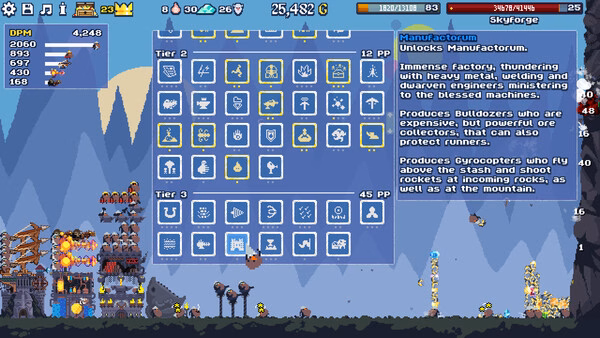 Dwarf Eats Mountain screenshot showing a tech tree menu with Tier 2 and Tier 3 upgrade icons.