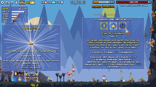 Dwarf Eats Mountain screenshot showing artifact menu with Goblin Crown and Eye Of Calamity options during Goblin Invasion.