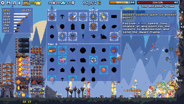 Dwarf Eats Mountain screenshot showing snowy mountain, dwarfs, and rocket boots.