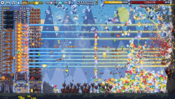 Dwarf Eats Mountain screenshot: chaotic tower defense with colorful projectiles, blocks, and UI.