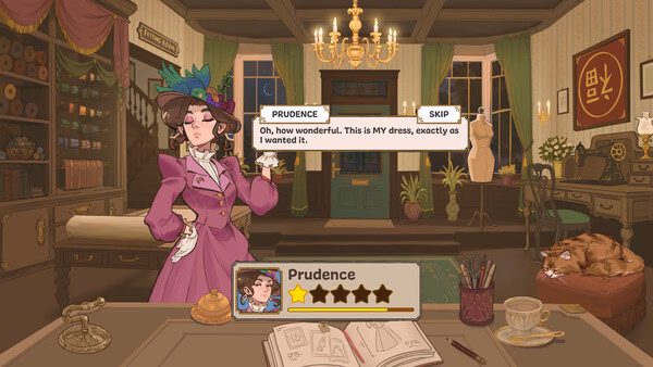 Dressmaker screenshot: a woman in a purple Victorian dress and feathered hat smiles in a cozy atelier with a sleeping cat.