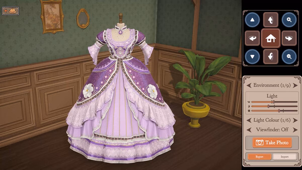 Dressmaker screenshot showing a purple Victorian gown on a mannequin in a green room with a potted plant.