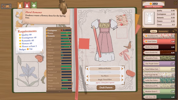 Dressmaker screenshot showing floral Romance dress design with requirements, stats, and fabric options.
