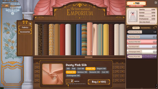 Dressmaker game screenshot: fabric shop with colorful silk bolts, selected Dusty Pink Silk details, and Buy button.
