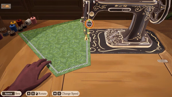 Dressmaker screenshot: a hand guides green patterned fabric through a vintage sewing machine, spools nearby.