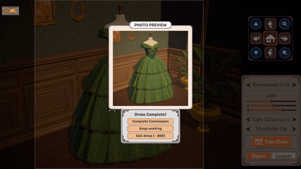 Dressmaker screenshot: photo preview of a green tiered dress on a mannequin with completion buttons.