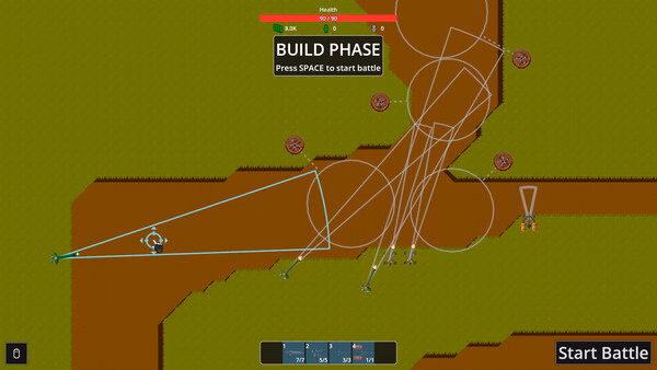 Game screenshot of Sir, We Have an Orc Problem: tower defense map with archers, range circles, and build phase UI.