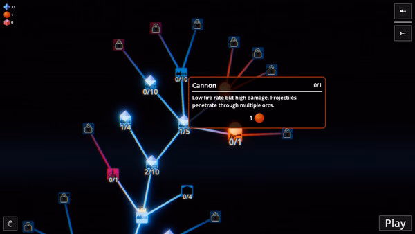 Game screenshot of Sir, We Have an Orc Problem skill tree showing Cannon upgrade tooltip.