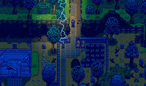 Stardew Valley screenshot: A character stands on a path during a thunderstorm at night, surrounded by trees and crops.