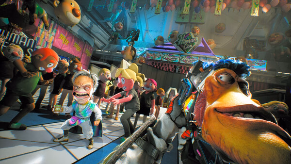 Screenshot from High On Life 2 showing a colorful alien character aiming a weapon amidst a crowd in a lively, vibrant setting.