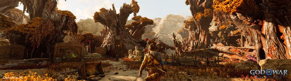 Screenshot from God of War Ragnarök showing a warrior exploring a vibrant, autumnal forest with large, twisted trees.