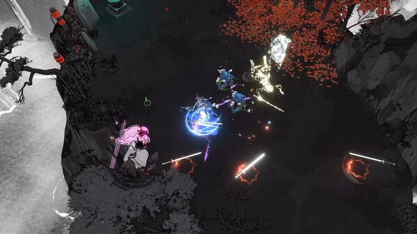 Screenshot from Shape of Dreams showing a battle scene with glowing weapons, colorful effects, and characters in a dark forest setting.