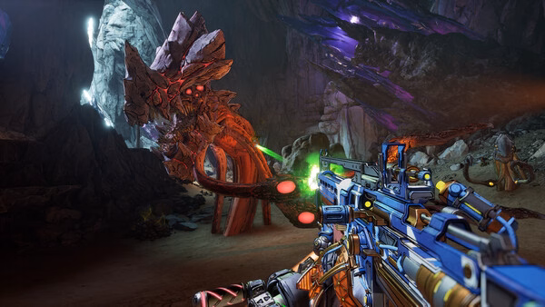 Screenshot from Borderlands 4 showing a player aiming a weapon at a large, glowing alien creature inside a dimly lit cave.