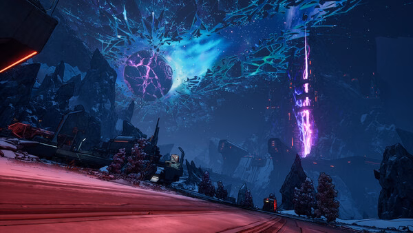 A screenshot from Borderlands 4 showing a vibrant alien landscape with a glowing purple beam and a fractured sky.