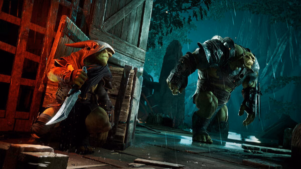 Styx: Blades of Greed screenshot showing Styx crouching with a dagger, hiding from a large armored enemy in a dimly lit forest.