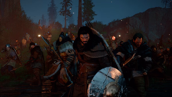 Crimson Desert screenshot: A group of armored warriors with shields and weapons advance through a dark forest, ready for battle.