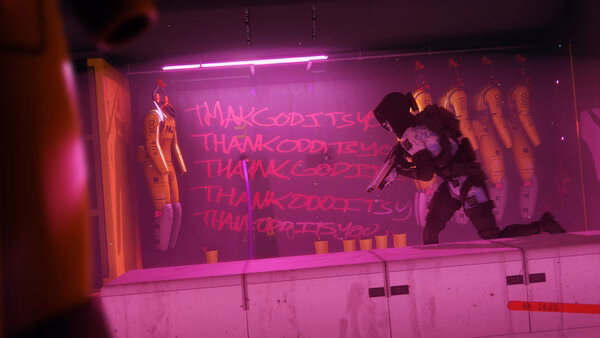 Screenshot from the game Marathon showing a character with a weapon in front of graffiti that reads "THANK GOD IT'S YOU" in a neon-lit room.