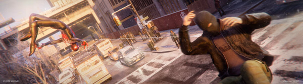 Screenshot from Marvel's Spider-Man: Miles Morales showing Miles web-swinging while disarming an enemy on a snowy city street.