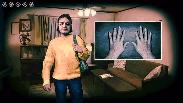 Screenshot from "No, I'm Not A Human" showing a character in a living room and a close-up of hands on a wall.