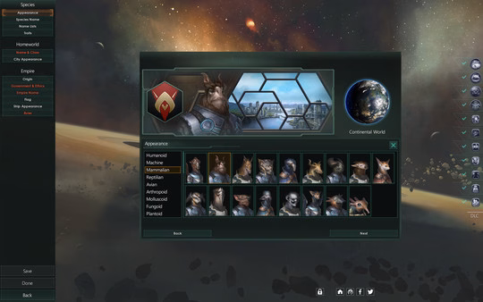 Stellaris screenshot showing the species customization screen with various alien species avatars and traits options.