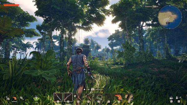 Windrose screenshot: A character explores a lush, green jungle with tools equipped, heading toward ruins under a partly cloudy sky.