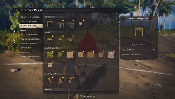 Windrose screenshot showing the building panel menu with various foundation and wall options under "Floors and Walls."