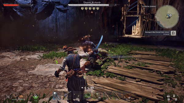 Screenshot from the game Windrose showing two characters in a sword fight in a forest setting near a wooden path.