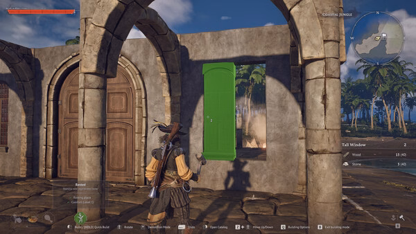 A Windrose screenshot showing a character building a tall green window frame in a coastal jungle setting.