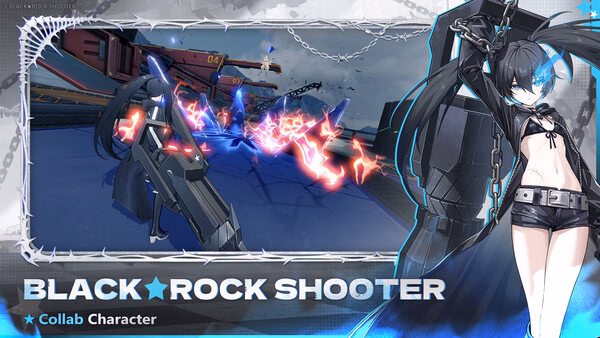 Starward screenshot: A Black Rock Shooter collab character stands near glowing energy blasts in a futuristic battle scene.