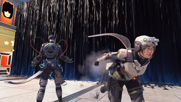 Apex Legends™ screenshot: Two legends stand near a shimmering energy barrier, one facing away and the other mid-action in futuristic gear.