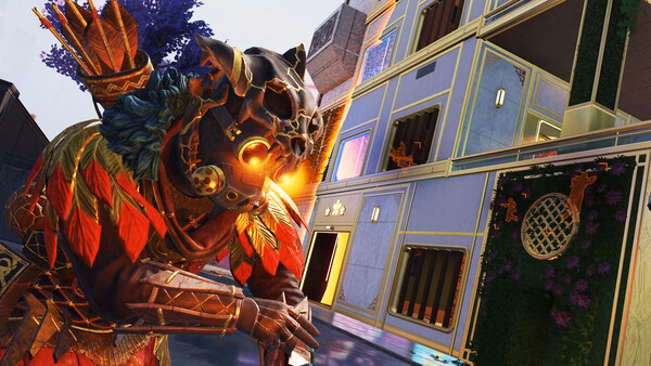 Apex Legends™ screenshot showing a character in vibrant armor near a building with open windows and intricate wall designs.