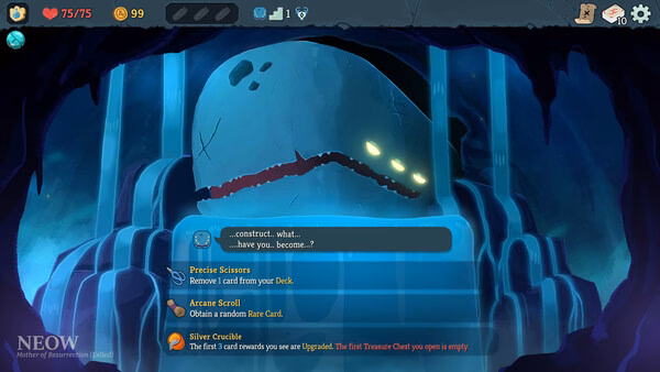 Screenshot from Slay the Spire 2 showing Neow, a large creature with glowing eyes, offering rewards and dialogue options.