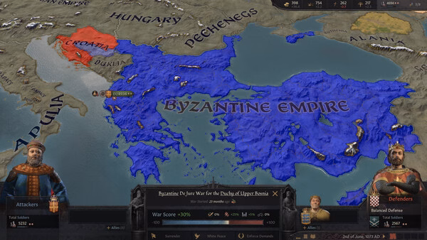 Crusader Kings III screenshot: Map showing the Byzantine Empire in blue and Croatia in red, with war details at the bottom.