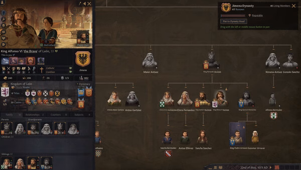 Screenshot from Crusader Kings III showing King Alfonso VI, his traits, and a detailed family tree with various portraits.