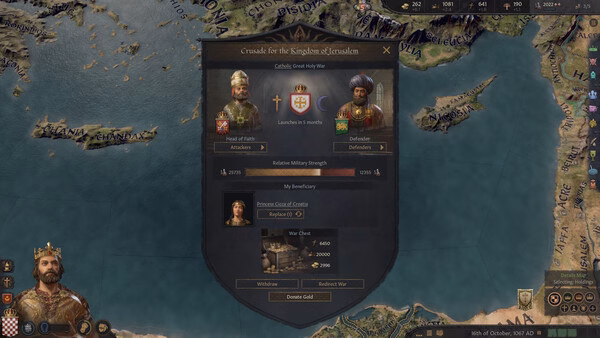 Crusader Kings III screenshot showing a crusade interface with attacking and defending sides, detailing war contributions and goals.
