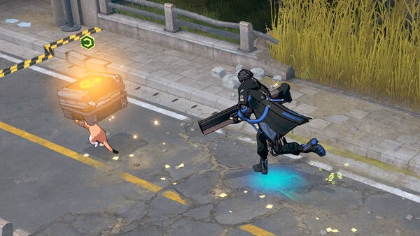 A character chases a cat carrying a glowing crate in a road area in this Eternal Return screenshot.