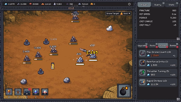 Screenshot from 'Fracture Field' showing a strategic battle with rocks and drones on a rocky terrain, with upgrade options on the side.