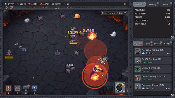 Screenshot from Fracture Field game showing a character battling rock monsters with fire effects, surrounded by a volcanic terrain.