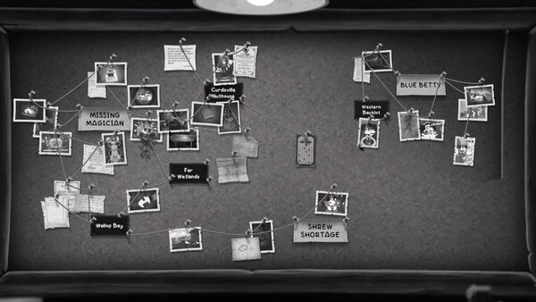 Screenshot from MOUSE: P.I. For Hire shows a detective board with photos, notes, and strings connecting clues about a 'Missing Magician' case.