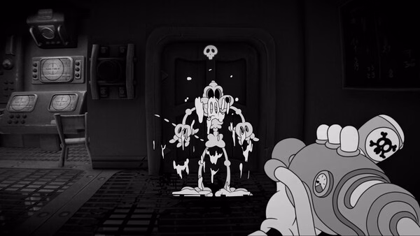 Screenshot from "MOUSE: P.I. For Hire" shows a cartoon character melting in a black-and-white room with vintage tech.