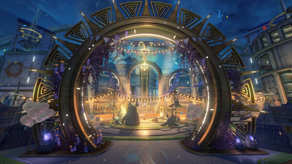 A vibrant Wuthering Waves screenshot showing a festive, futuristic city square with glowing lights and ornate decorations.