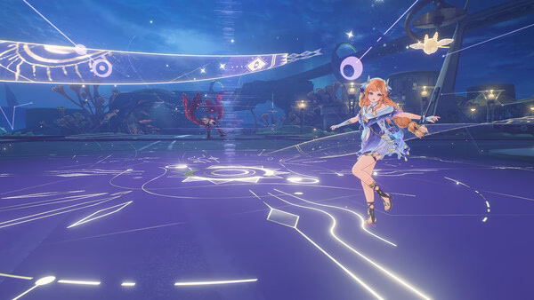 Screenshot from Wuthering Waves showing a character in a dynamic pose amidst a glowing, futuristic arena.