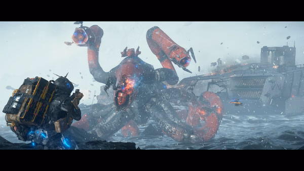 DEATH STRANDING 2: ON THE BEACH screenshot showing a character facing a massive red mechanical octopus by the shoreline.