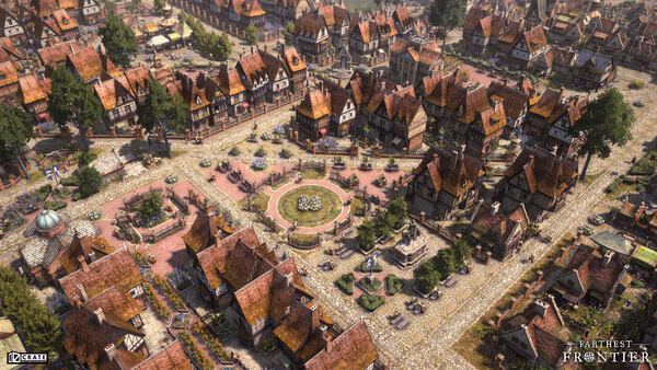 Farthest Frontier screenshot: An aerial view of a bustling medieval town square surrounded by quaint houses and cobblestone streets.
