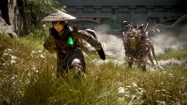 Screenshot from Beast of Reincarnation showing a warrior with a straw hat fleeing from a menacing, plant-like creature in a grassy landscape.