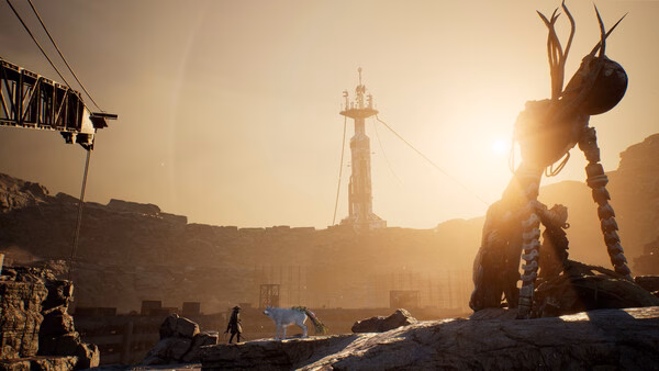 Screenshot from Beast of Reincarnation showing a player and a wolf companion walking towards a distant tower at sunset.