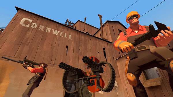 Team Fortress 2 screenshot showing an Engineer and a Sniper in front of a wooden building labeled "Cornwell" with turrets.