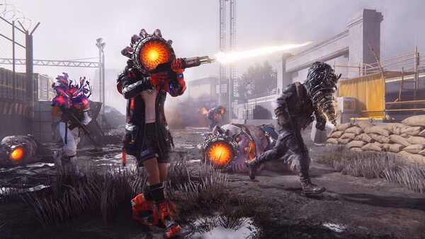 Screenshot from Once Human showing characters in combat gear fighting alien creatures in a post-apocalyptic environment.