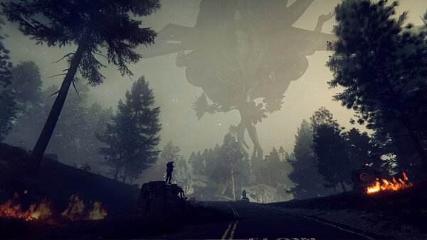 Screenshot from Once Human: A shadowy, towering creature looms over a forest road with scattered fires and abandoned vehicles.