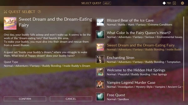 Screenshot of 'Saga & Seeker' quest selection menu, showing various quests like "Sweet Dream and the Dream-Eating Fairy."